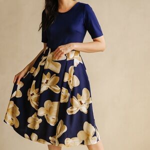 NWT Oxiuli Navy Blue Floral Midi Sun Dress Size Medium